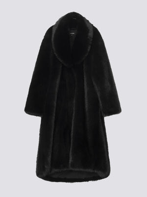 Luxurious black faux fur coat with a wide collar, perfect for stylish warmth. Ideal for winter outings by MEOTINE.