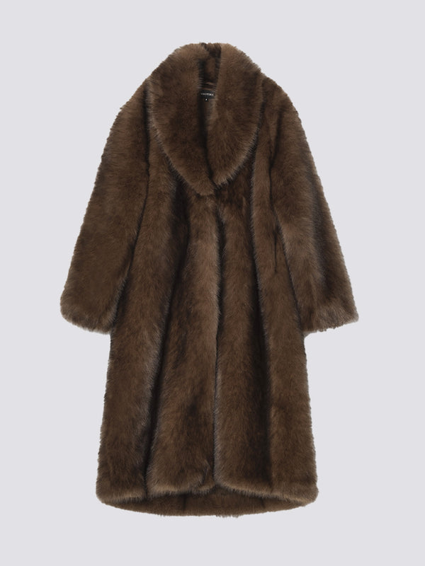 Luxurious brown faux fur coat with a wide collar, perfect for stylish warmth. Ideal for winter outings by MEOTINE.