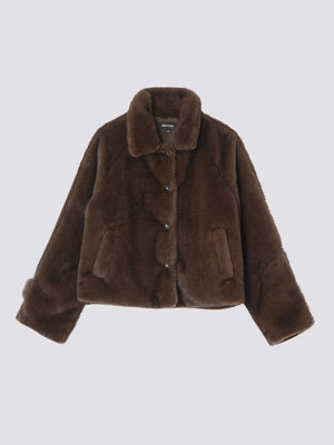 Cozy brown faux fur jacket with a button-up front and side pockets, perfect for stylish warmth this season by MEOTINE.