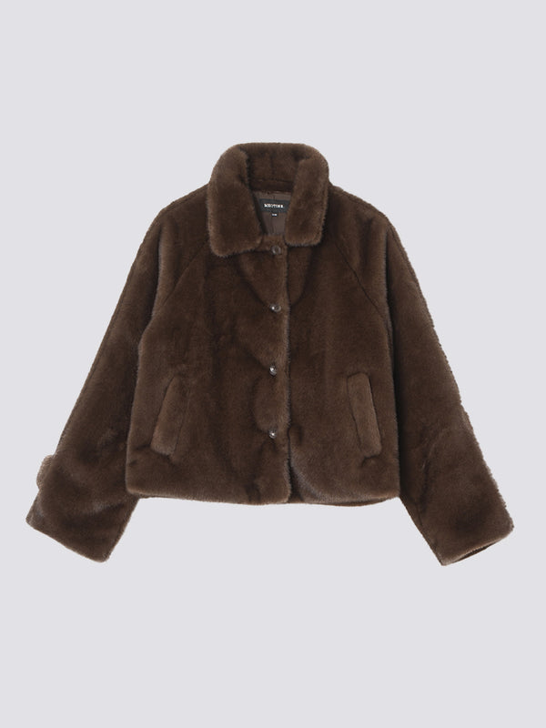 Cozy brown faux fur jacket with a button-up front and side pockets, perfect for stylish warmth this season by MEOTINE.