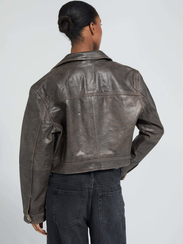 Stylish brown leather jacket with a cropped design, featuring a classic collar and back yoke detail, by MEOTINE.