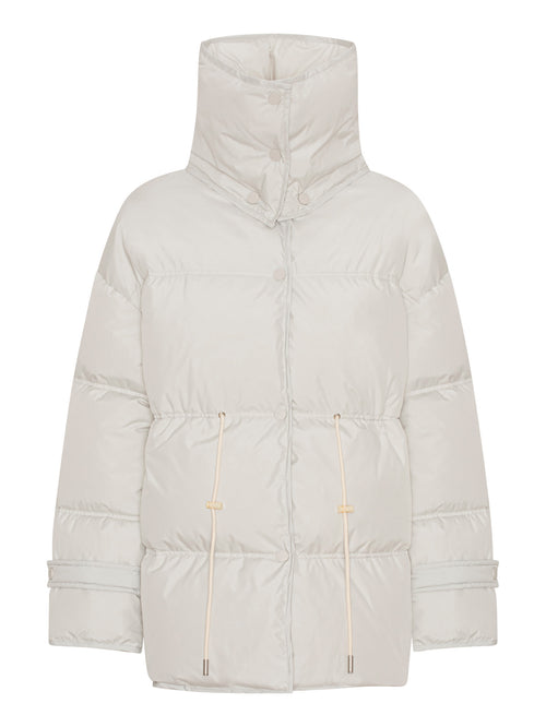 Lightweight, cream-colored puffer jacket with a hood, featuring drawstring details and a relaxed fit. Ideal for winter wear by MEOTINE.