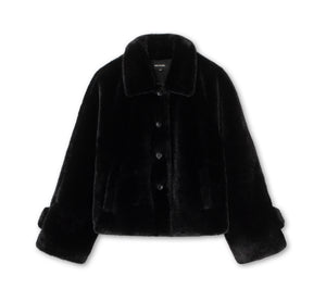 Cozy black faux fur jacket with a classic collar and button closure, perfect for stylish warmth this season by MEOTINE.