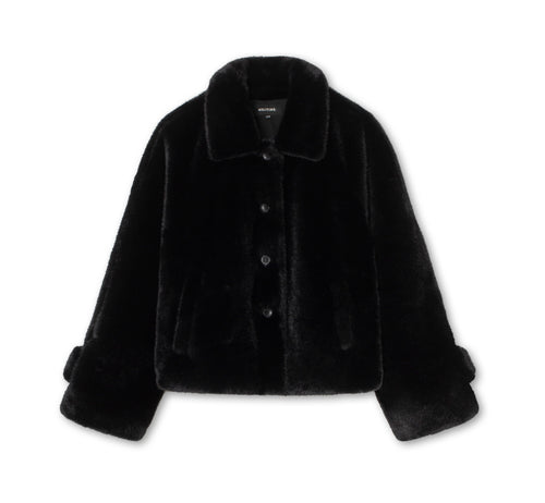 Cozy black faux fur jacket with a classic collar and button closure, perfect for stylish warmth this season by MEOTINE.