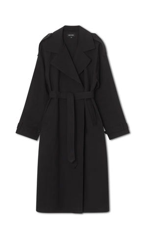 Classic black trench coat with a belted waist and stylish lapels, perfect for layering in any season by MEOTINE.