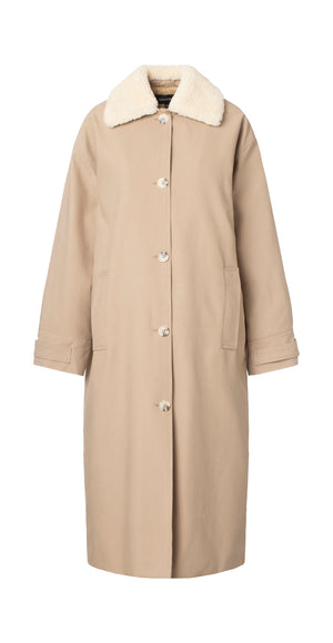 Beige coat with a soft, cream-colored collar and button closure, featuring side pockets for a stylish and cozy look by MEOTINE.