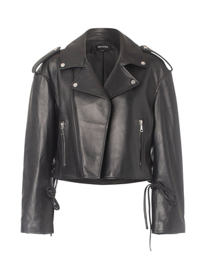 Stylish black leather cropped jacket featuring a classic biker design, zippered pockets, and adjustable tie details. MEOTINE.