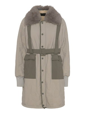 Stylish MEOTINE quilted coat in beige with a faux fur collar, adjustable belt, and practical pockets for a chic winter look.