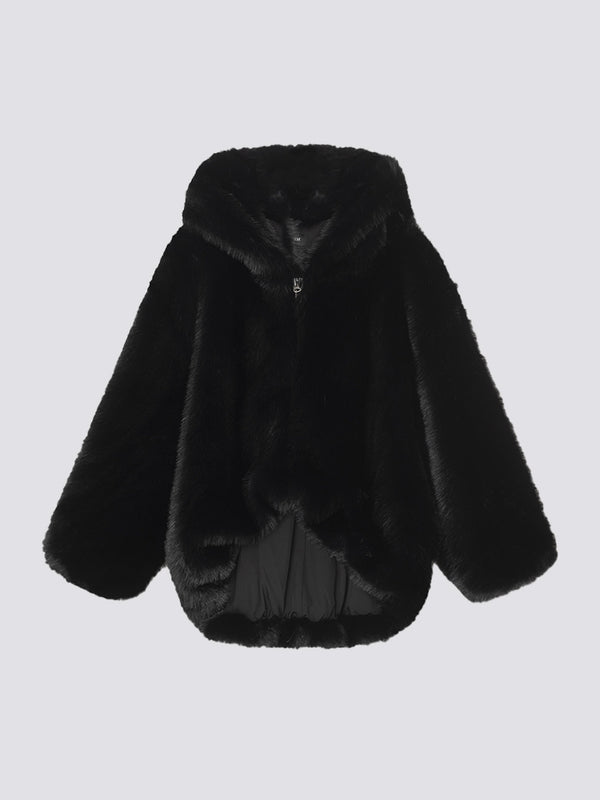 Cozy black faux fur jacket with a hood, featuring a zip closure and a soft inner lining, perfect for stylish warmth by MEOTINE.