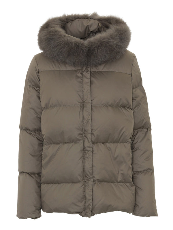 Stylish olive green puffer jacket with a plush fur-lined hood, perfect for warmth and comfort. By MEOTINE.