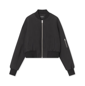 Stylish black cropped bomber jacket featuring a front zipper and side pockets, perfect for a trendy look by MEOTINE.