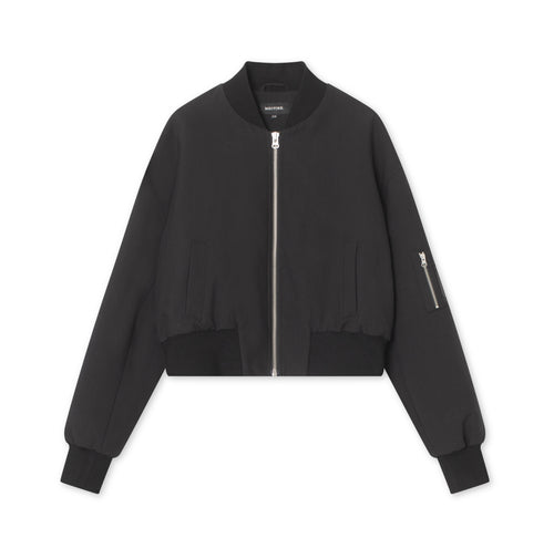 Stylish black cropped bomber jacket featuring a front zipper and side pockets, perfect for a trendy look by MEOTINE.