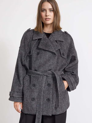 Stylish gray oversized coat with a belt, featuring a double-breasted design and wide lapels, perfect for a chic look by MEOTINE.
