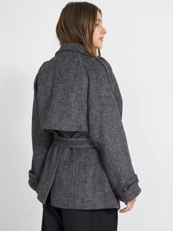 Stylish gray belted coat with a unique back design, perfect for a chic look. Designed by MEOTINE for modern elegance.