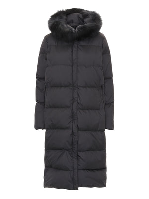 Stylish black puffer coat with a fur-trimmed hood, perfect for winter, featuring a long silhouette and cozy design by MEOTINE.