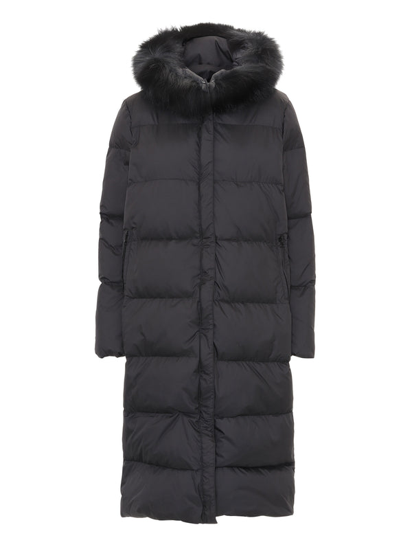 Stylish black puffer coat with a fur-trimmed hood, perfect for winter, featuring a long silhouette and cozy design by MEOTINE.