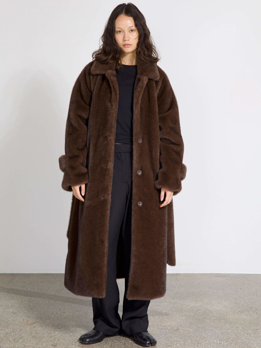 Cozy brown faux fur robe from MEOTINE, featuring a belted waist and long sleeves, perfect for lounging in style.