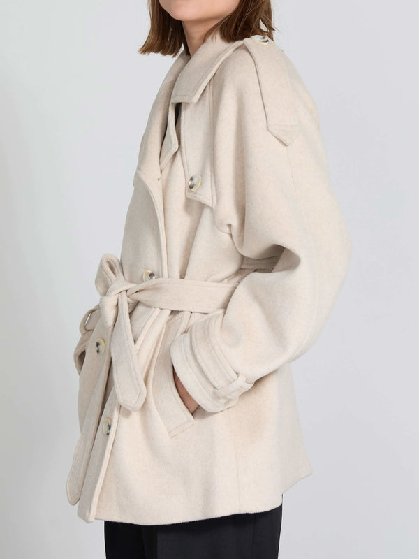 A stylish beige coat with a belted waist and button details, perfect for a chic look by MEOTINE.