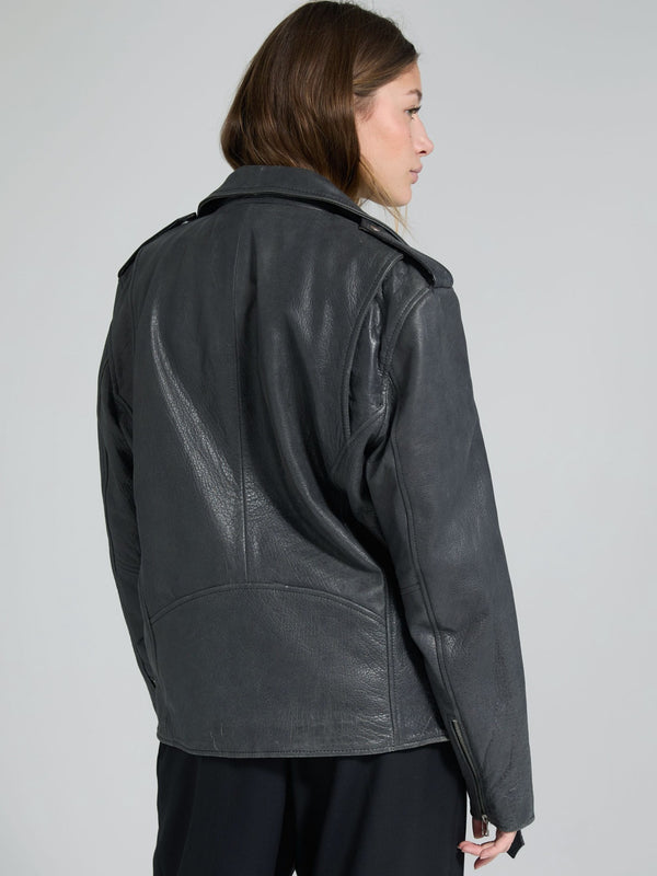 Stylish black leather jacket with a relaxed fit, featuring a classic collar and detailed stitching, perfect for a chic look by MEOTINE.