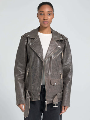 Stylish brown leather jacket with a classic biker design, featuring zippers and a belted waist, by MEOTINE.