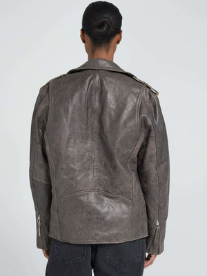 Stylish gray leather jacket with a relaxed fit and unique texture, featuring zippered cuffs and a classic collar by MEOTINE.