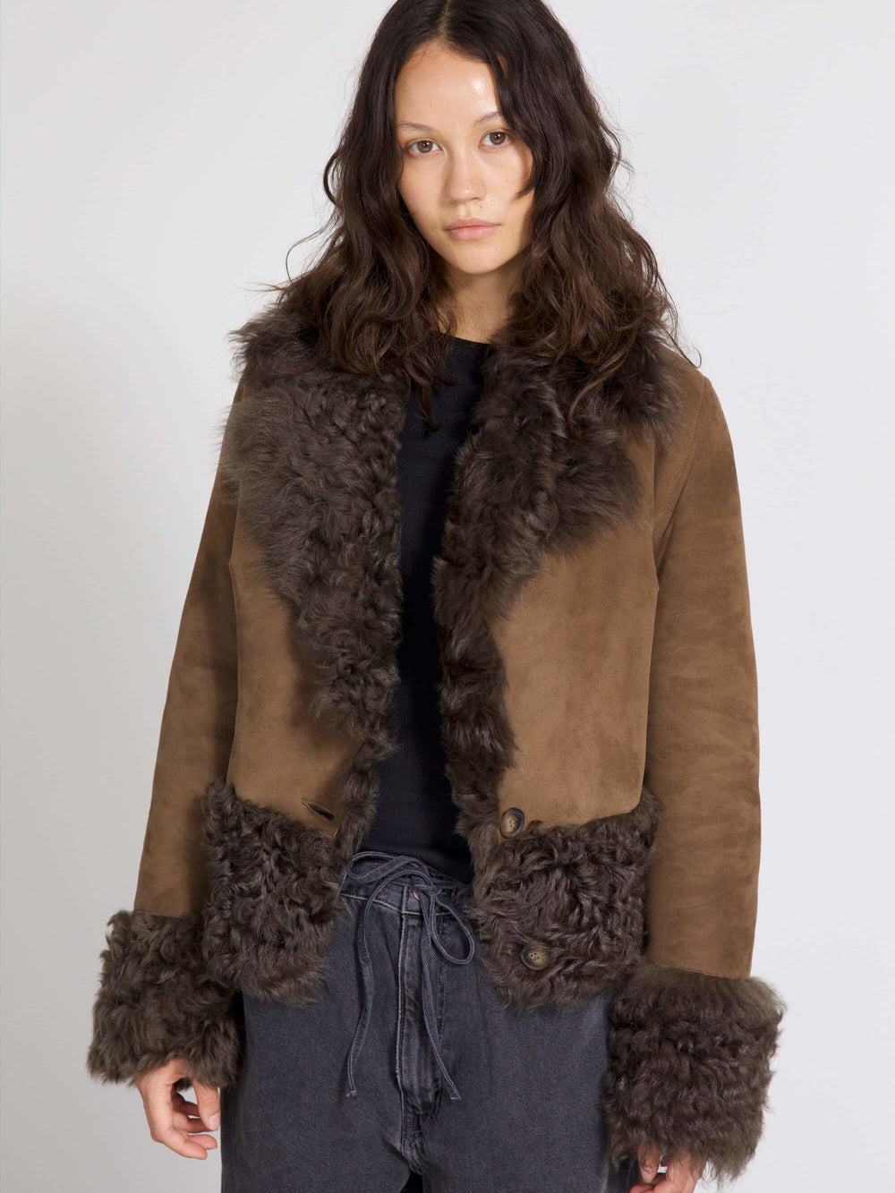 Brown suede jacket with a fluffy fur collar and cuffs, featuring a stylish, cropped design. Perfect for a chic, cozy look by MEOTINE.