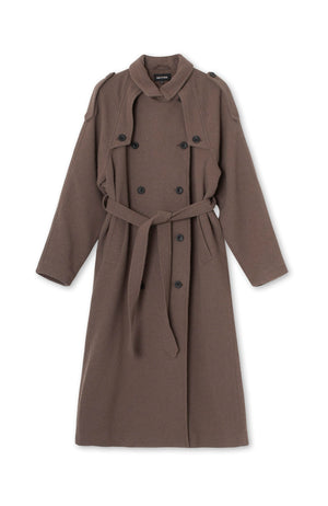 Stylish brown trench coat with a belted waist and double-breasted buttons, perfect for a chic look by MEOTINE.