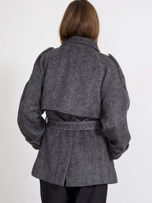 Stylish gray belted coat with a unique back design, perfect for layering. Ideal for a chic, modern look by MEOTINE.