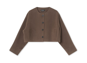 Brown cropped jacket with a round neckline and button closure, featuring long sleeves and side pockets, by MEOTINE.