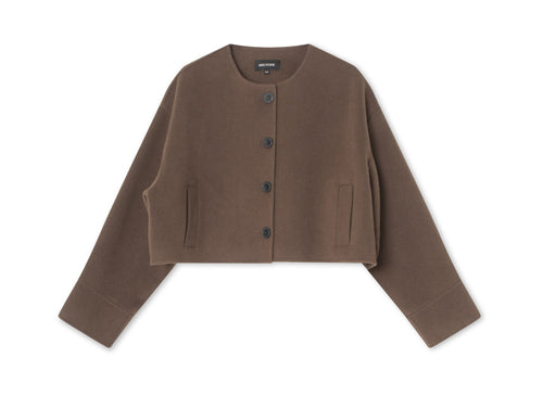Brown cropped jacket with a round neckline and button closure, featuring long sleeves and side pockets, by MEOTINE.