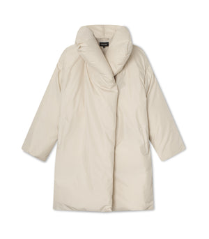 A cozy, oversized cream puffer coat with a high collar, perfect for winter, featuring a sleek design by MEOTINE.