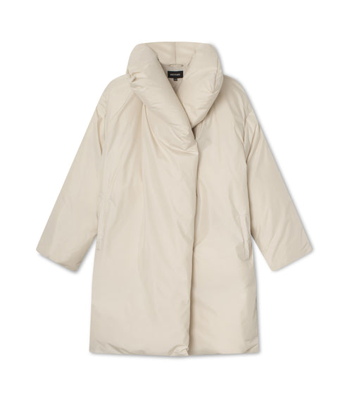 A cozy, oversized cream puffer coat with a high collar, perfect for winter, featuring a sleek design by MEOTINE.
