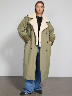 A model wears a stylish olive green trench coat with a cozy cream-colored fur collar, showcasing MEOTINE's chic design.