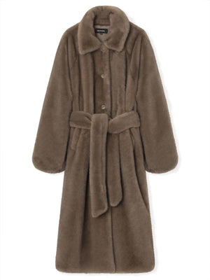Cozy brown faux fur coat with a belted waist and soft collar, perfect for stylish warmth this season by MEOTINE.