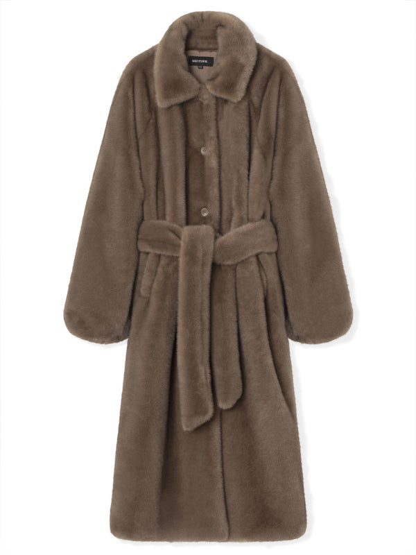 Cozy brown faux fur coat with a belted waist and soft collar, perfect for stylish warmth this season by MEOTINE.