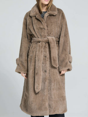 Cozy brown faux fur coat with a belt, featuring a classic collar and long sleeves, perfect for stylish warmth by MEOTINE.