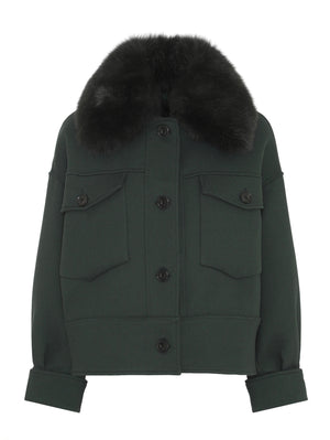 Stylish green jacket with a plush black fur collar and button closure, featuring two front pockets. Perfect for a chic look by MEOTINE.