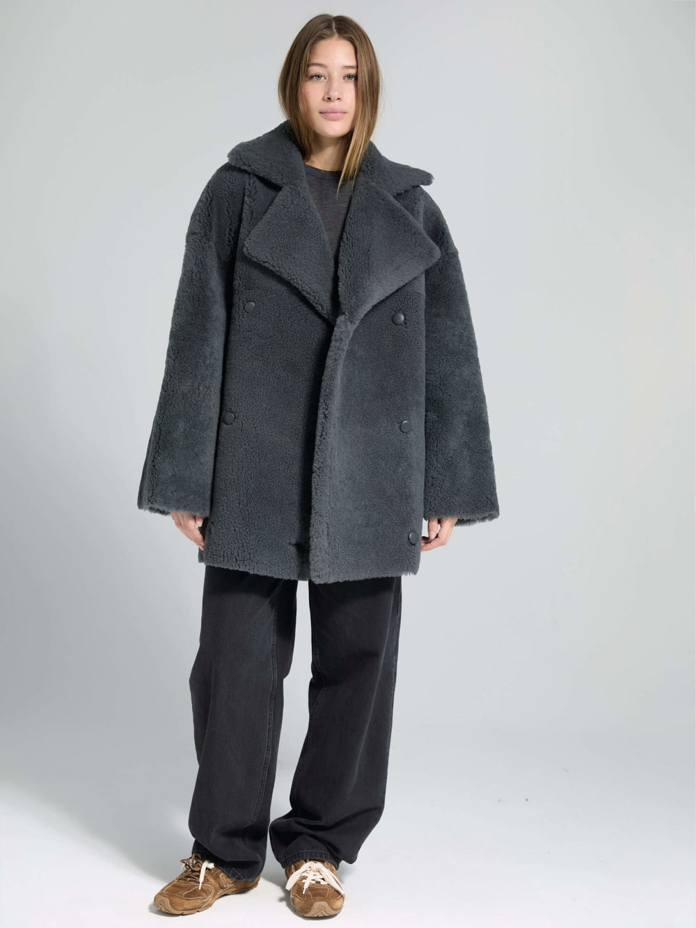 Cozy oversized gray coat with a plush texture and large lapels, perfect for stylish warmth this season by MEOTINE.