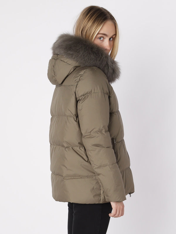 Stylish olive green puffer jacket with a luxurious fur-lined hood, perfect for winter, by MEOTINE.