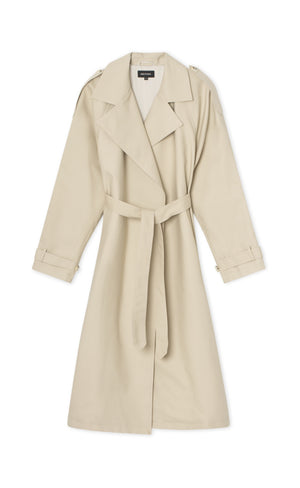 Beige trench coat with a belted waist and shoulder epaulets, perfect for a stylish and sophisticated look by MEOTINE.
