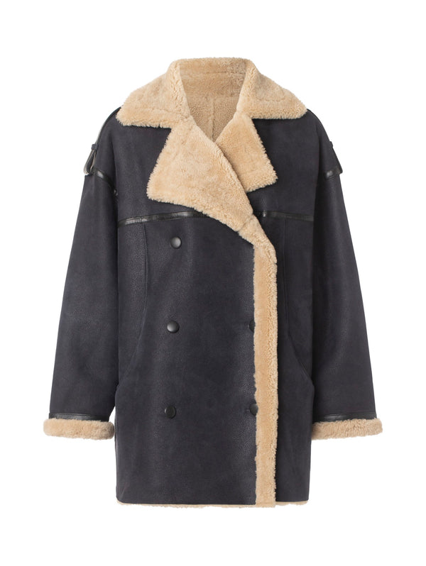 Cozy dark blue shearling coat with a plush beige collar and double-breasted design, perfect for winter by MEOTINE.
