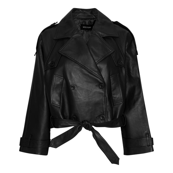 Stylish black leather cropped trench coat with a belted waist and double-breasted design, perfect for a chic look by MEOTINE.