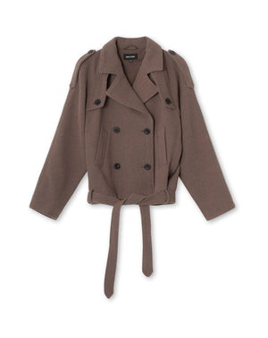 Brown double-breasted jacket with a belted waist and shoulder epaulets, featuring a stylish and modern design by MEOTINE.