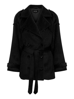 Stylish black trench coat with a belted waist and double-breasted design, perfect for a chic look by MEOTINE.
