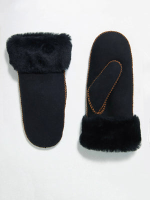 Black mittens with a soft faux fur cuff and stitching detail, perfect for warmth and style. Ideal for winter wear by MEOTINE.
