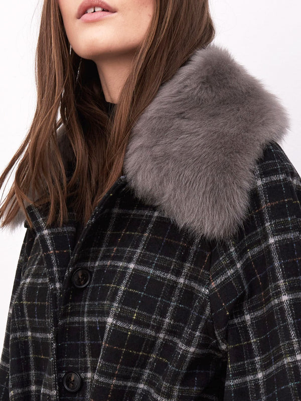 Stylish plaid coat featuring a luxurious gray fur collar, perfect for a chic winter look by MEOTINE.