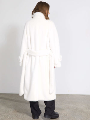 Cozy white MEOTINE robe with a belted waist and soft texture, featuring a high collar and relaxed fit, perfect for chilly days.