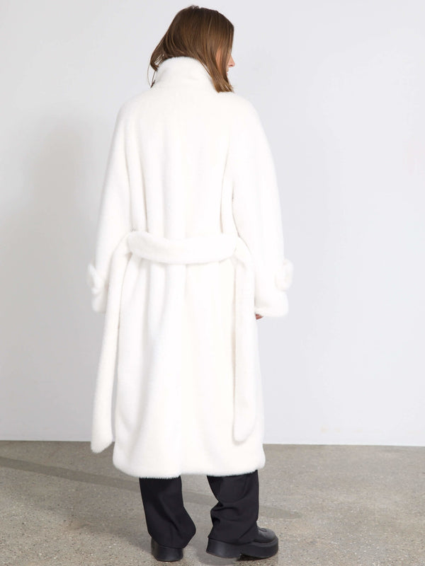 Cozy white MEOTINE robe with a belted waist and soft texture, featuring a high collar and relaxed fit, perfect for chilly days.