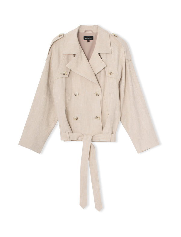 Light beige double-breasted trench coat with a belted waist and shoulder epaulets, perfect for a stylish, modern look by MEOTINE.