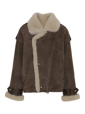 Brown shearling jacket with a cozy cream collar and cuffs, featuring a stylish button closure. Perfect for winter warmth by MEOTINE.